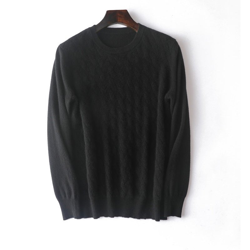 Mens Diamond Knit Cashmere Sweater Crew Neck Long Sleeve Cashmere Pullover Black XS