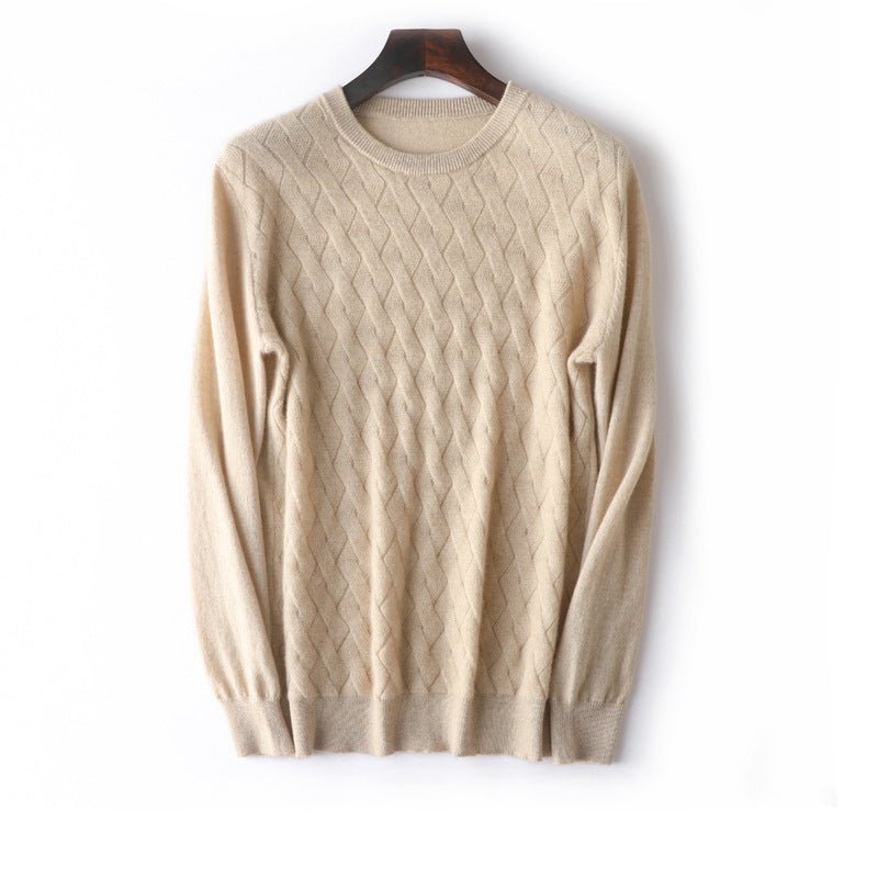 Mens Diamond Knit Cashmere Sweater Crew Neck Long Sleeve Cashmere Pullover Beige XS