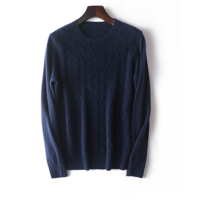 Mens Diamond Knit Cashmere Sweater Crew Neck Long Sleeve Cashmere Pullover Navy XS