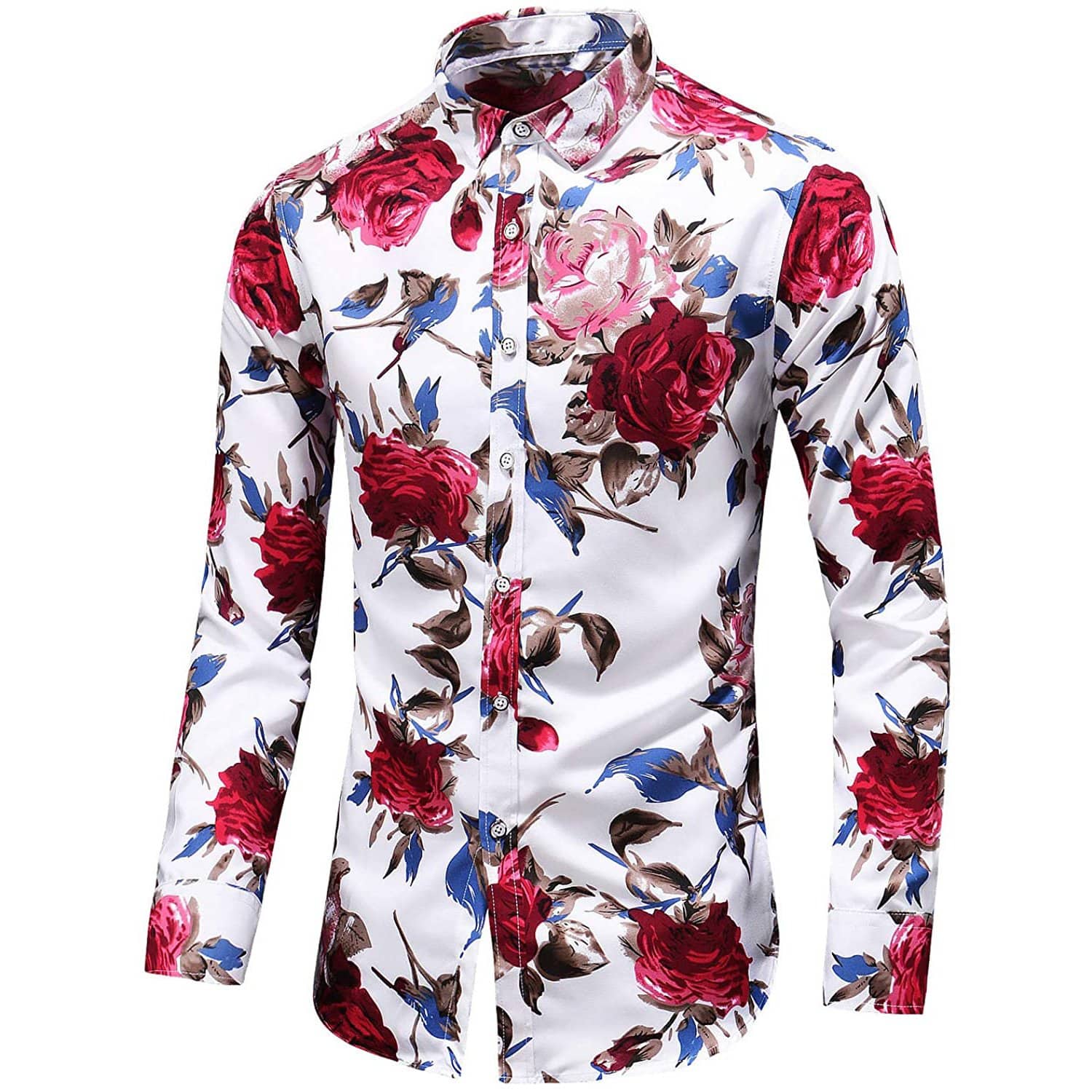 Men's Flower Printed Silk Shirts Button Down Silk Dress Shirt