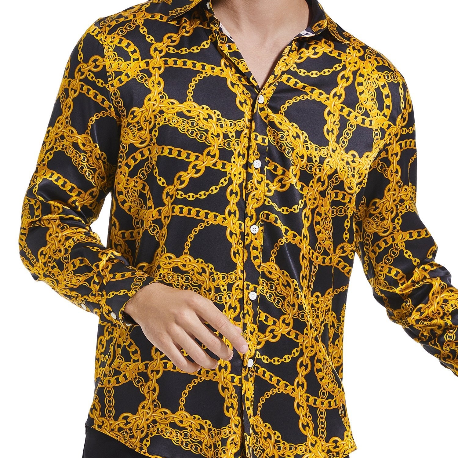 Men's Gold Chains Print Button Down Long Sleeve Silk Shirt