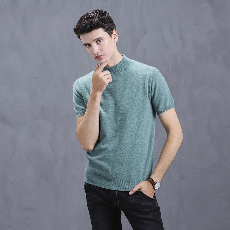 Mens Short Sleeve Pure Cashmere Knitted Sweater Mock Neck Sweatshirt Green XS