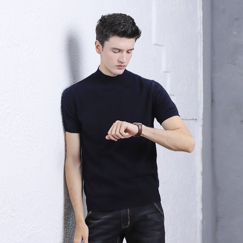 Mens Short Sleeve Pure Cashmere Knitted Sweater Mock Neck Sweatshirt Black XS