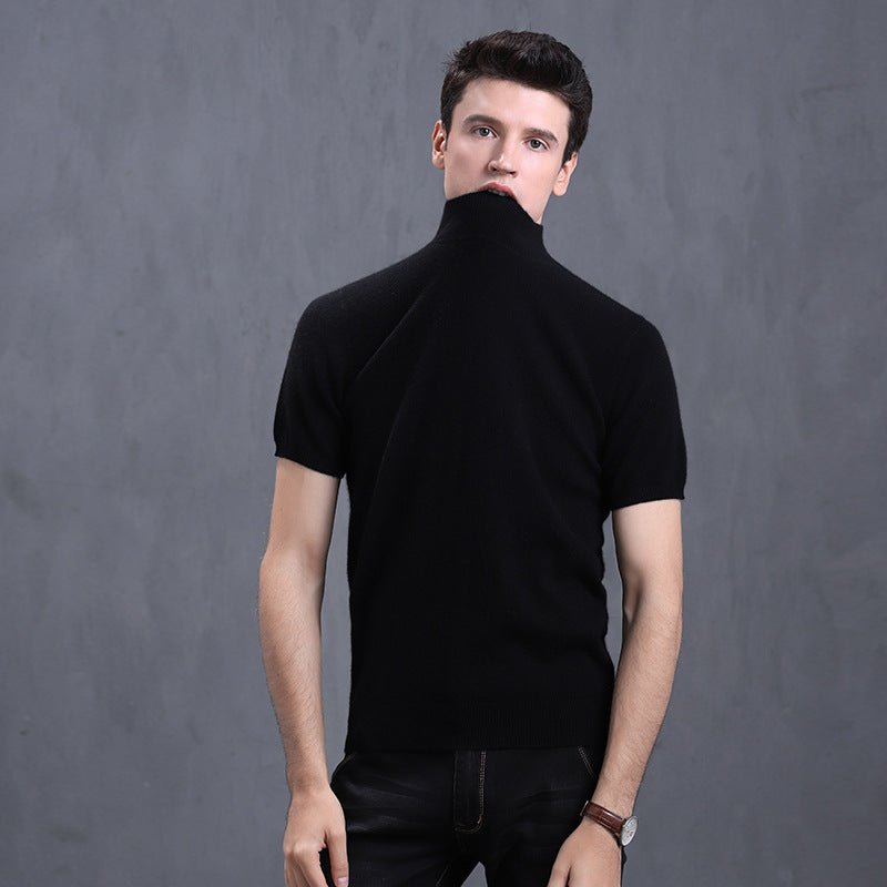 Mens Short Sleeve Pure Cashmere Knitted Sweater Mock Neck Sweatshirt Black XS