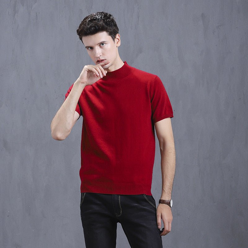 Mens Short Sleeve Pure Cashmere Knitted Sweater Mock Neck Sweatshirt Claret XS