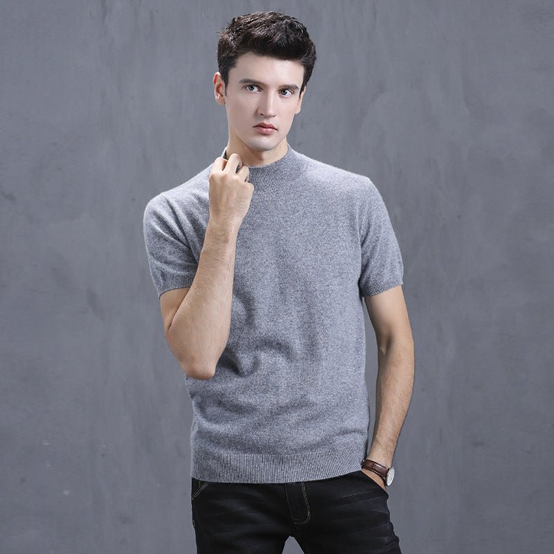 Mens Short Sleeve Pure Cashmere Knitted Sweater Mock Neck Sweatshirt Gray XS