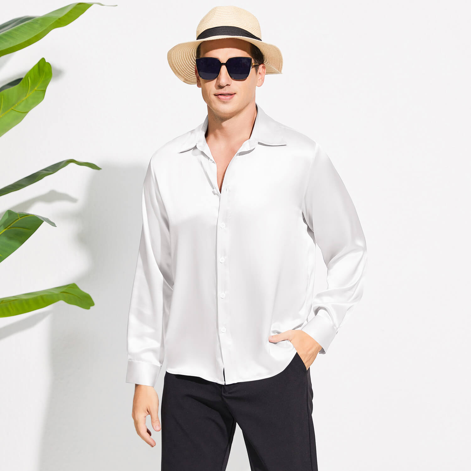 Men's Silk Button - Down Shirt Silk Casual Silk Dress Shirts White XS
