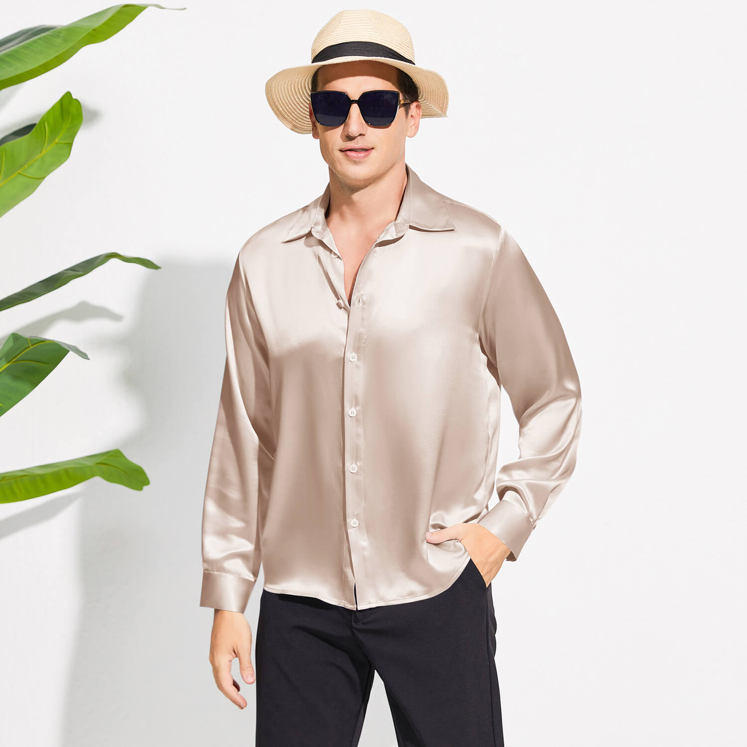 Men's Silk Button - Down Shirt Silk Casual Silk Dress Shirts Champagne XS