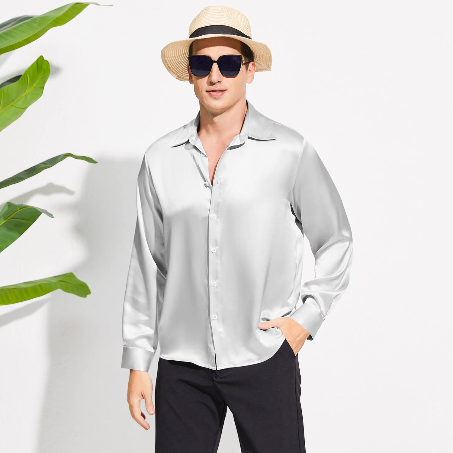 Men's Silk Button - Down Shirt Silk Casual Silk Dress Shirts Gray XS