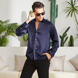 Men's Silk Button - Down Shirt Silk Casual Silk Dress Shirts Navy Blue XS