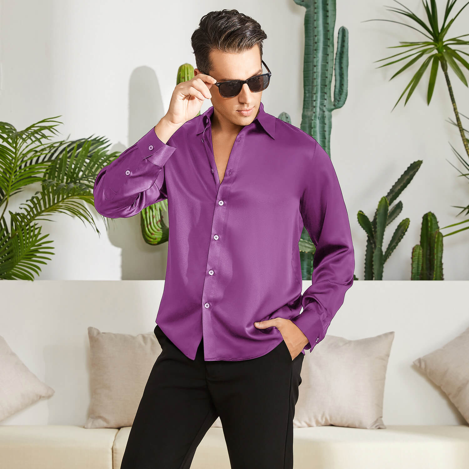 Men's Silk Button - Down Shirt Silk Casual Silk Dress Shirts Purple XS