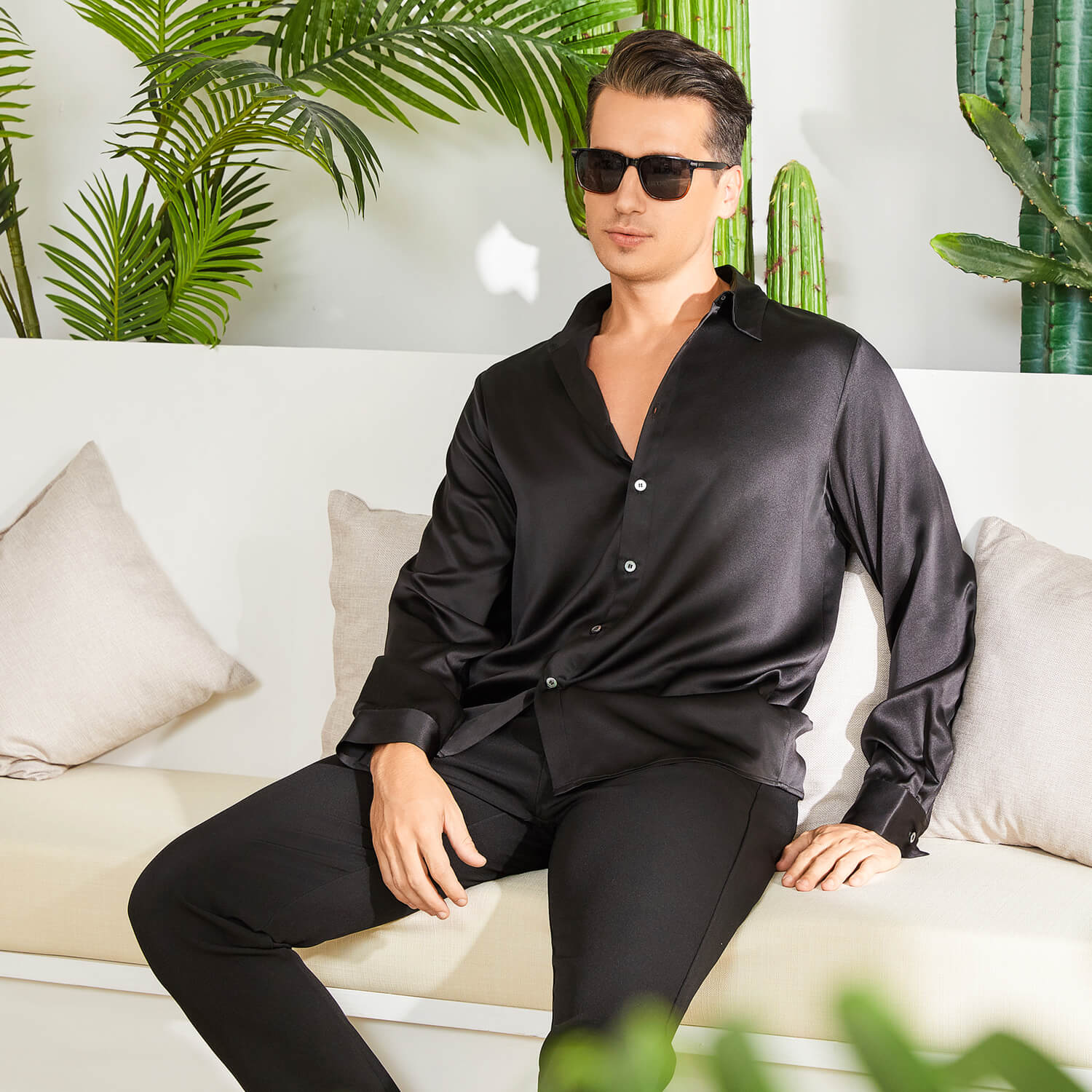 Men's Silk Button - Down Shirt Silk Casual Silk Dress Shirts Black XS