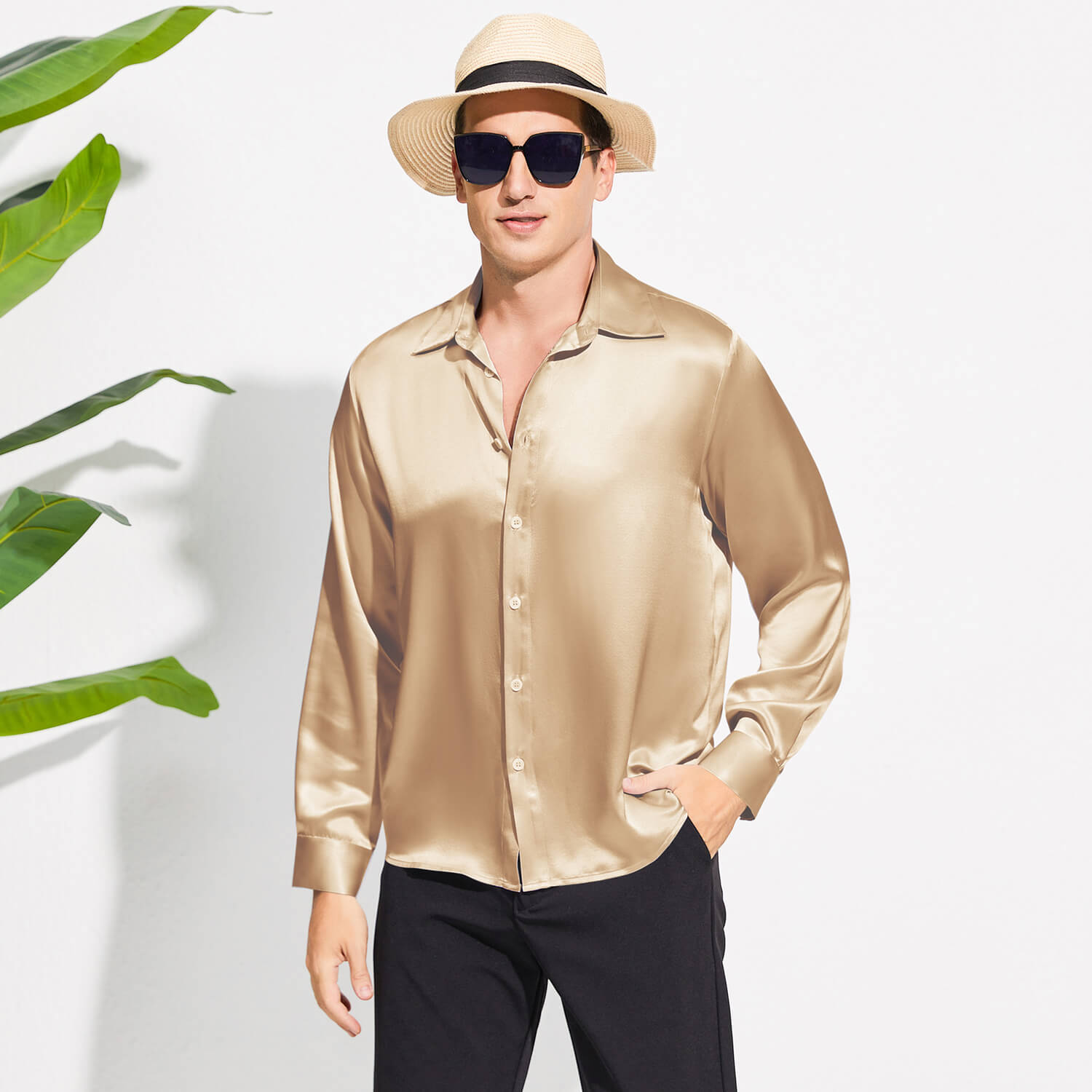 Men's Silk Button - Down Shirt Silk Casual Silk Dress Shirts Gold XS