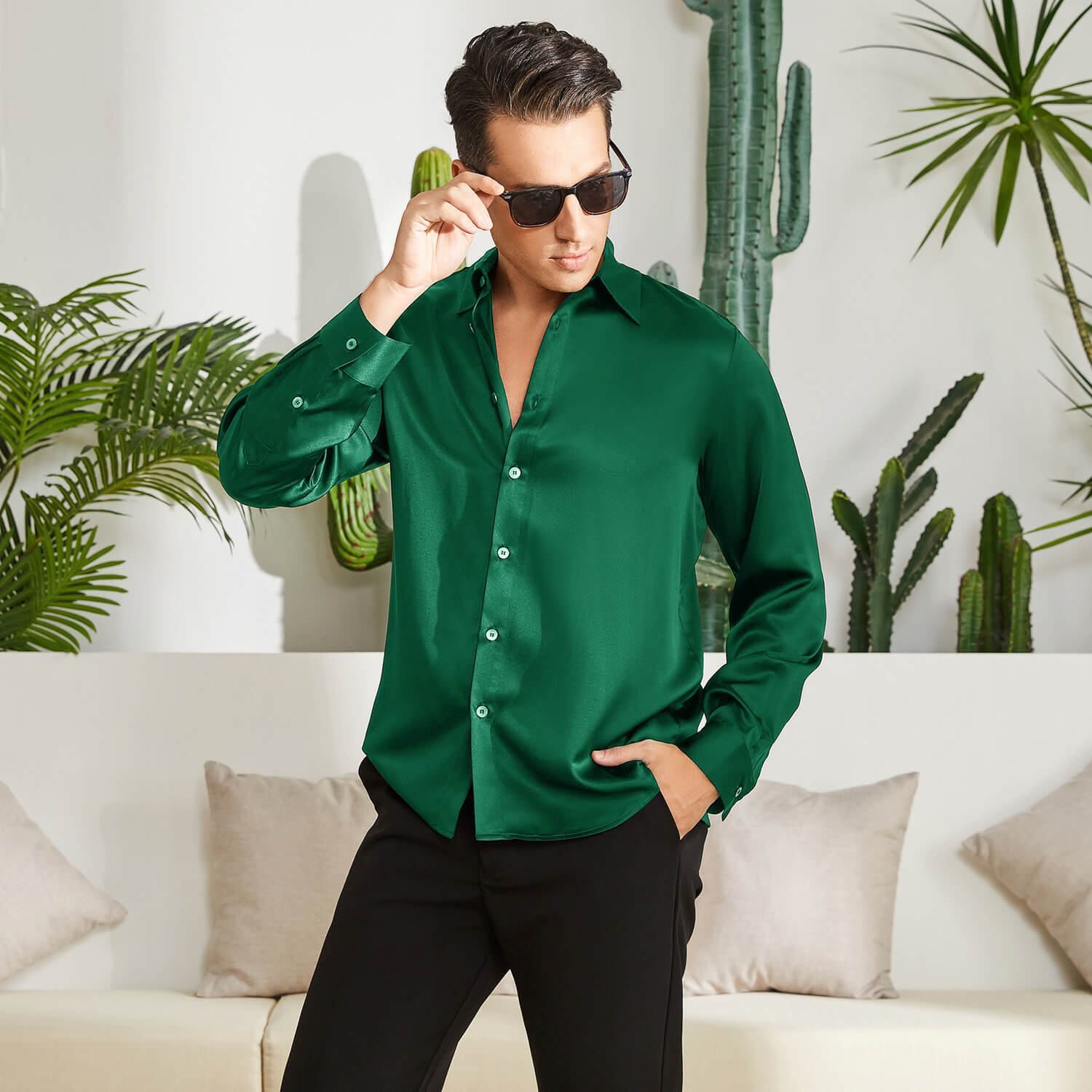 Men's Silk Button - Down Shirt Silk Casual Silk Dress Shirts Green XS