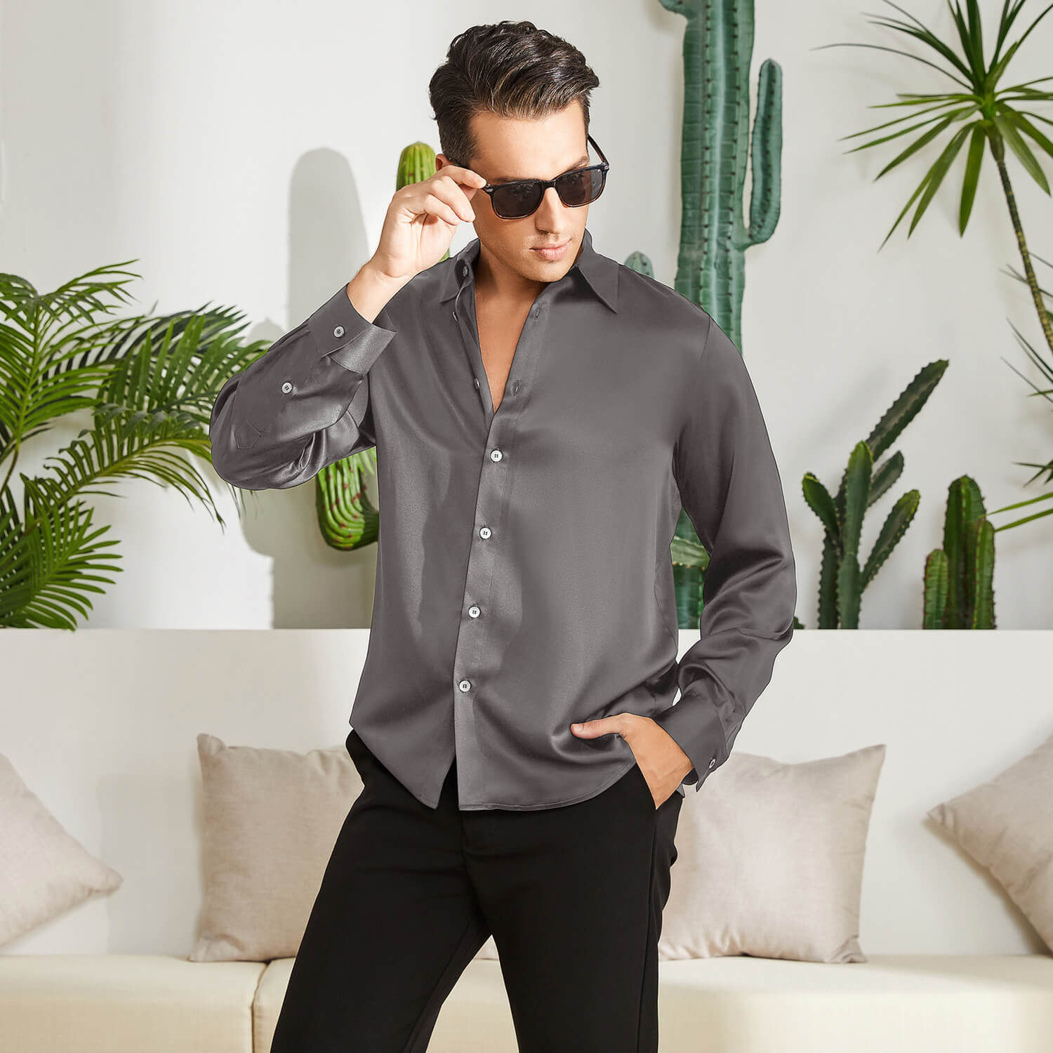 Men's Silk Button - Down Shirt Silk Casual Silk Dress Shirts Dark Gray XS