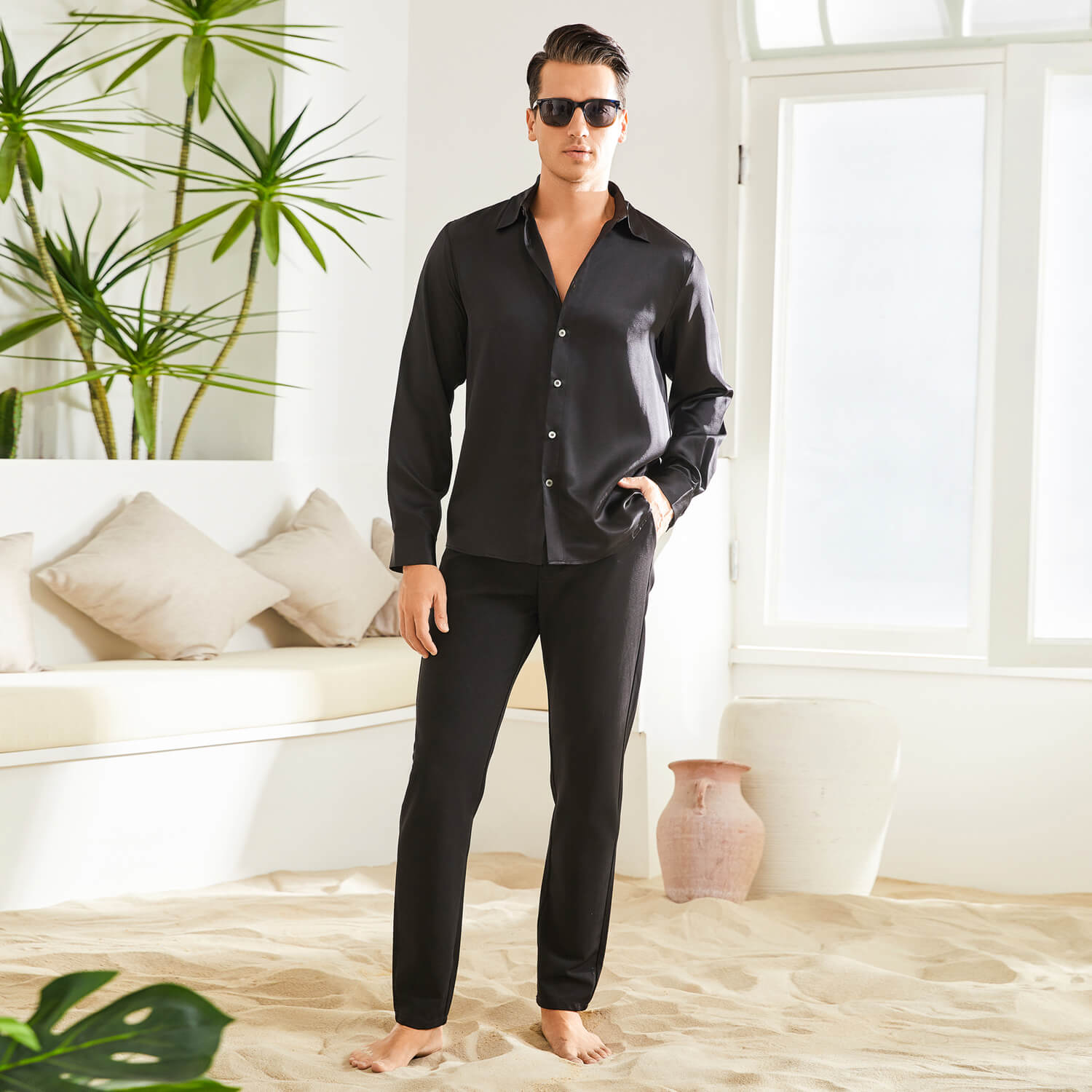 Men's Silk Button - Down Shirt Silk Casual Silk Dress Shirts Black XS