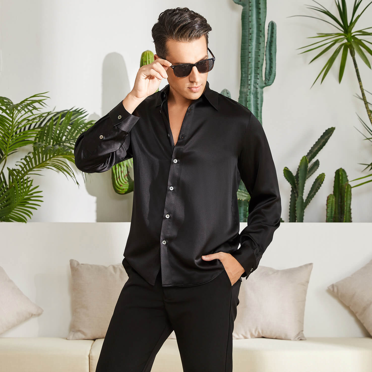 Men's Silk Button - Down Shirt Silk Casual Silk Dress Shirts Black XS
