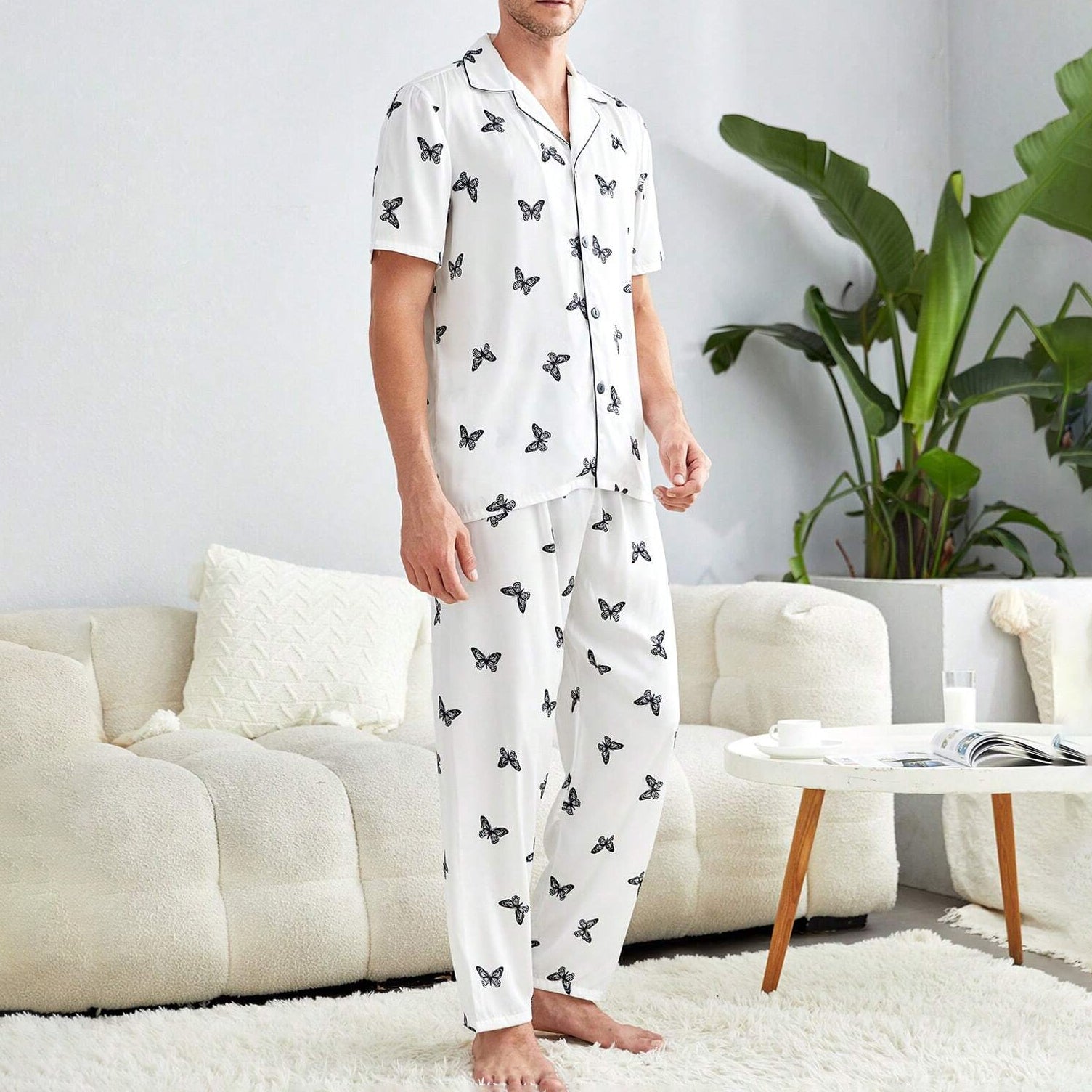 Men's Silk Pajamas Set Short Sleeves Butterfly Print Silk Nightwear