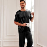 Men's Silk Pajamas Set Short Sleeve Henley Neck Silk Sleepwear