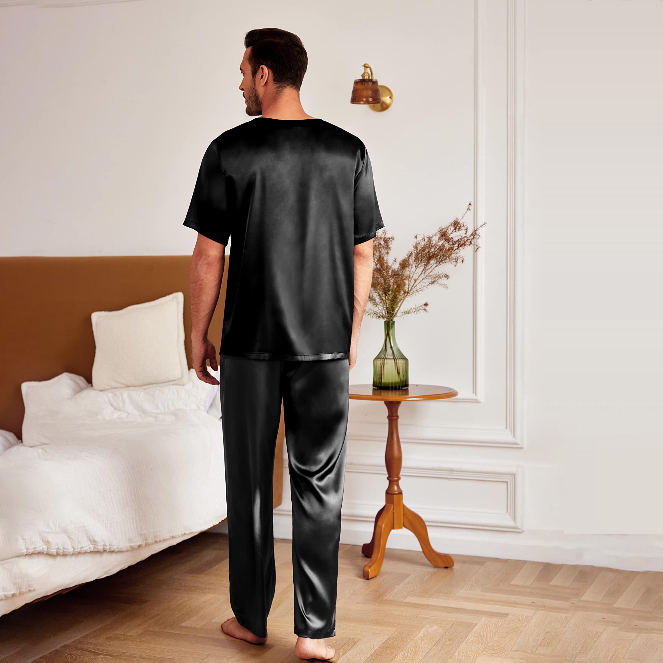 Men's Silk Pajamas Set Short Sleeve Henley Neck Silk Sleepwear