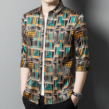 Mens Silk Shirts Geometric Print Retro Art Silk Dress Shirts