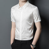 Mens Silk Shirts Short Sleeve Abstract Textured Pattern Silk Dress Shirt