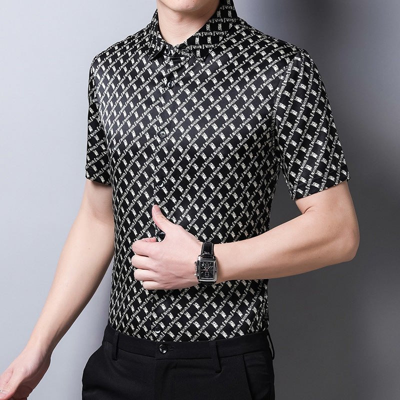 Mens Silk Shirts Short Sleeve Geometric Grid Print Silk Dress Shirt