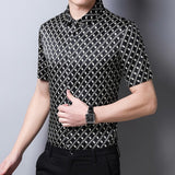Mens Silk Shirts Short Sleeve Geometric Grid Print Silk Dress Shirt