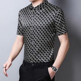 Mens Silk Shirts Short Sleeve Geometric Grid Print Silk Dress Shirt