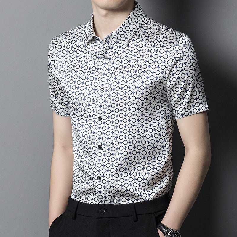 Mens Silk Shirts Short Sleeve Navy Geometric Print Silk Dress Shirt