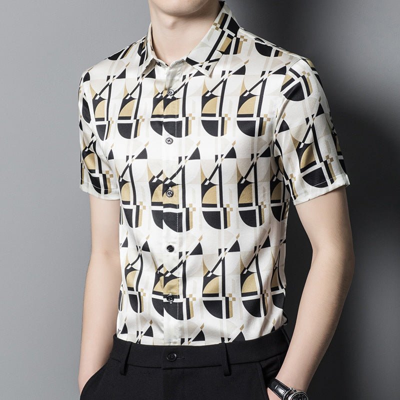 Mens Silk Shirts Short Sleeve Retro Geometric Print Silk Dress Shirt