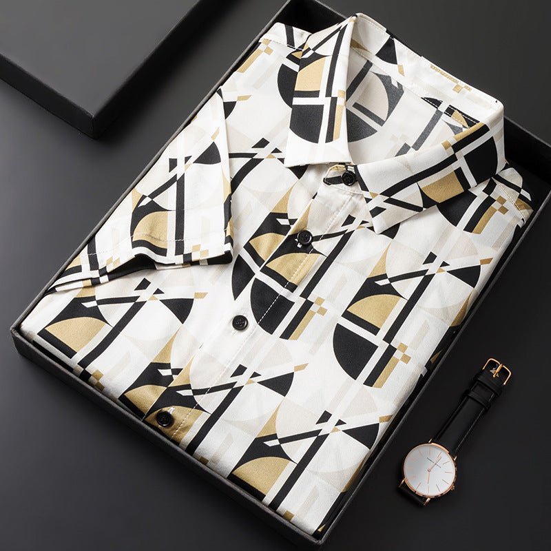 Mens Silk Shirts Short Sleeve Retro Geometric Print Silk Dress Shirt