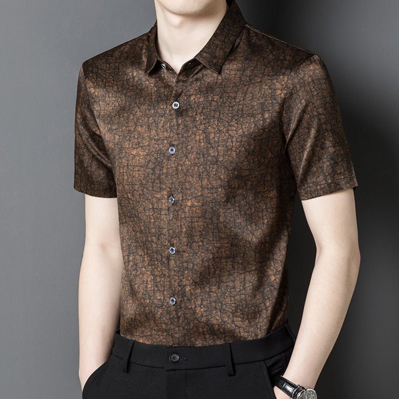Mens Silk Shirts Short Sleeve Textured Pattern Silk Dress Shirt
