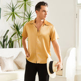 Men's Silk T-Shirt Luxury Button Down Silk Short Dress Shirt