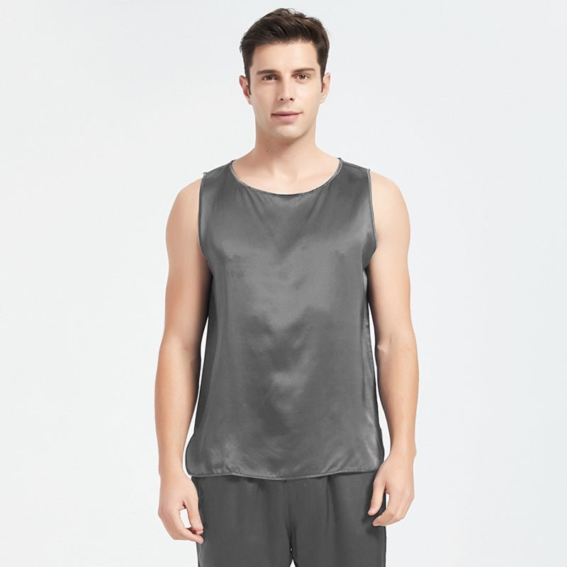 Mens Silk Tank Top Set Sleeveless Short Silk Pajamas Set