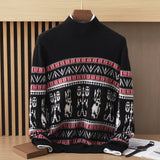 Mens Nordic Pattern Cashmere Sweater Mock Neck Long Sleeve Ribbed Hem Warm Knit