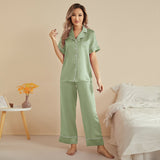 Classic Silk Pajamas Short Sleeve Long Pants Silk Pjs