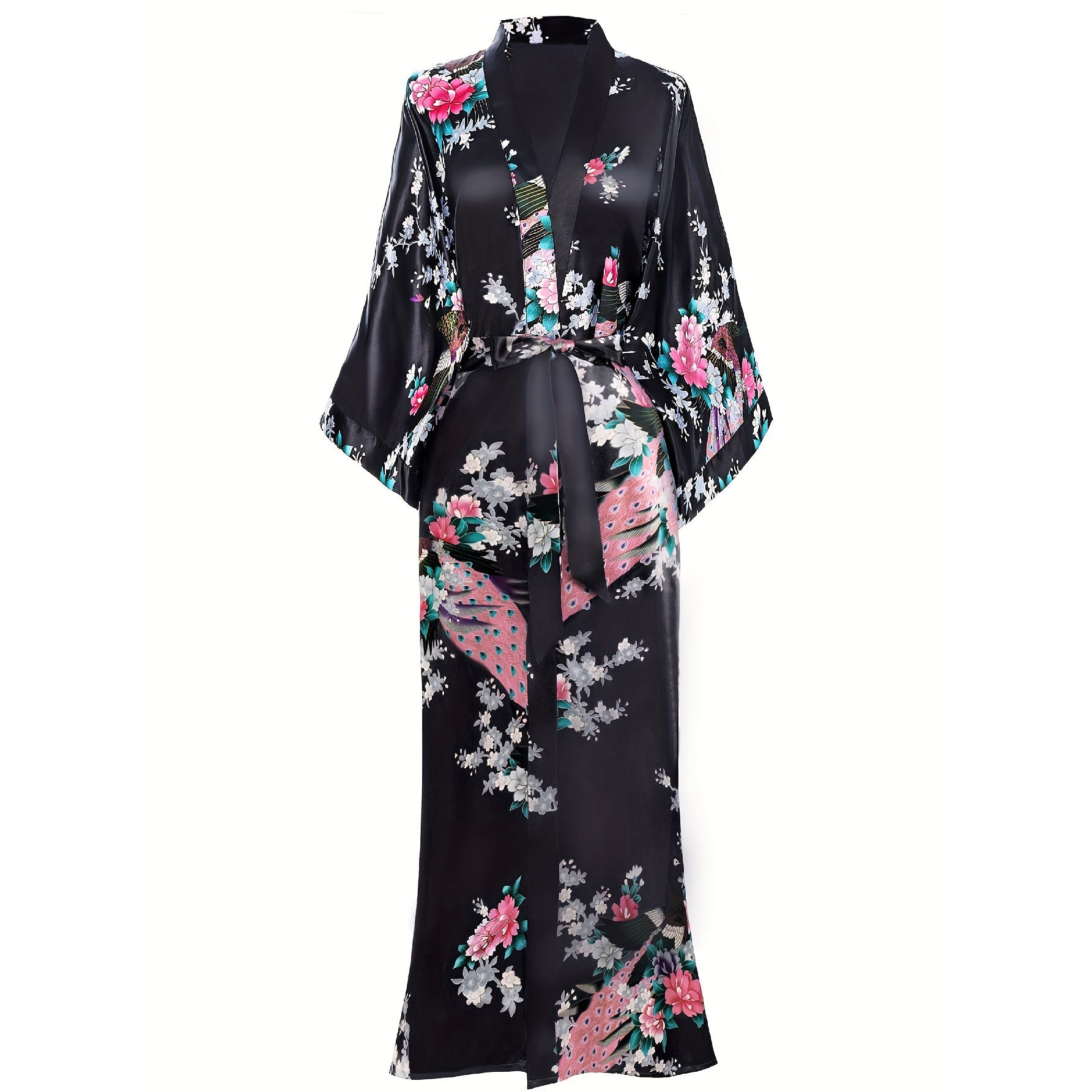Women Silk Kimono Hand Painted Peacock & Flowers Nightwear