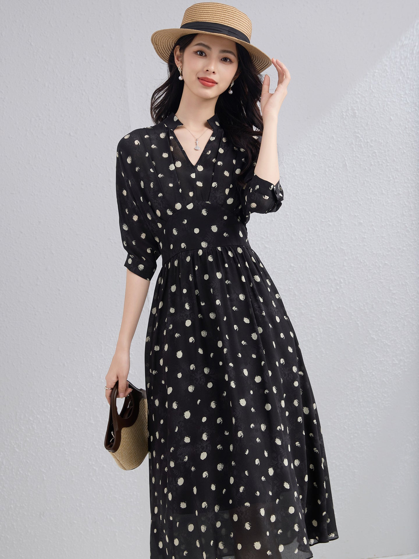 Polka Dot 100% Silk Midi Dress for Women V - Neck Long Sleeve Silk Dress Black XS