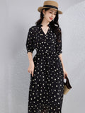 Polka Dot 100% Silk Midi Dress for Women V - Neck Long Sleeve Silk Dress Black XS