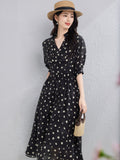 Polka Dot 100% Silk Midi Dress for Women V - Neck Long Sleeve Silk Dress Black XS