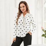 Polka Dots Silk Blouse Bow Tie Neck Silk Button Down Shirt Silk Blouses for Women White XS