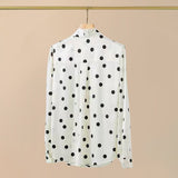 Polka Dots Silk Blouse Bow Tie Neck Silk Button Down Shirt Silk Blouses for Women White XS