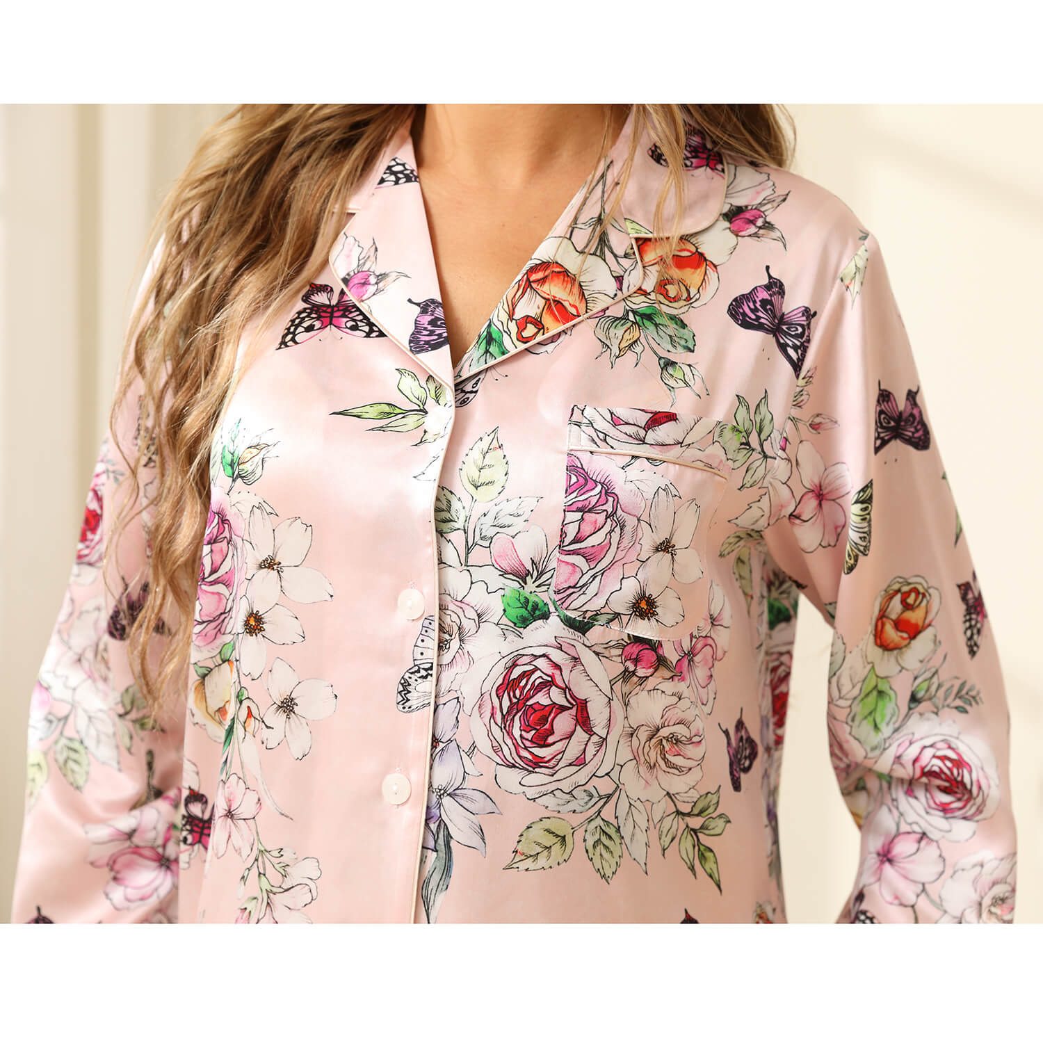 Luxury Print Silk Pajamas Floral Butterfly Silk Pajamas Set