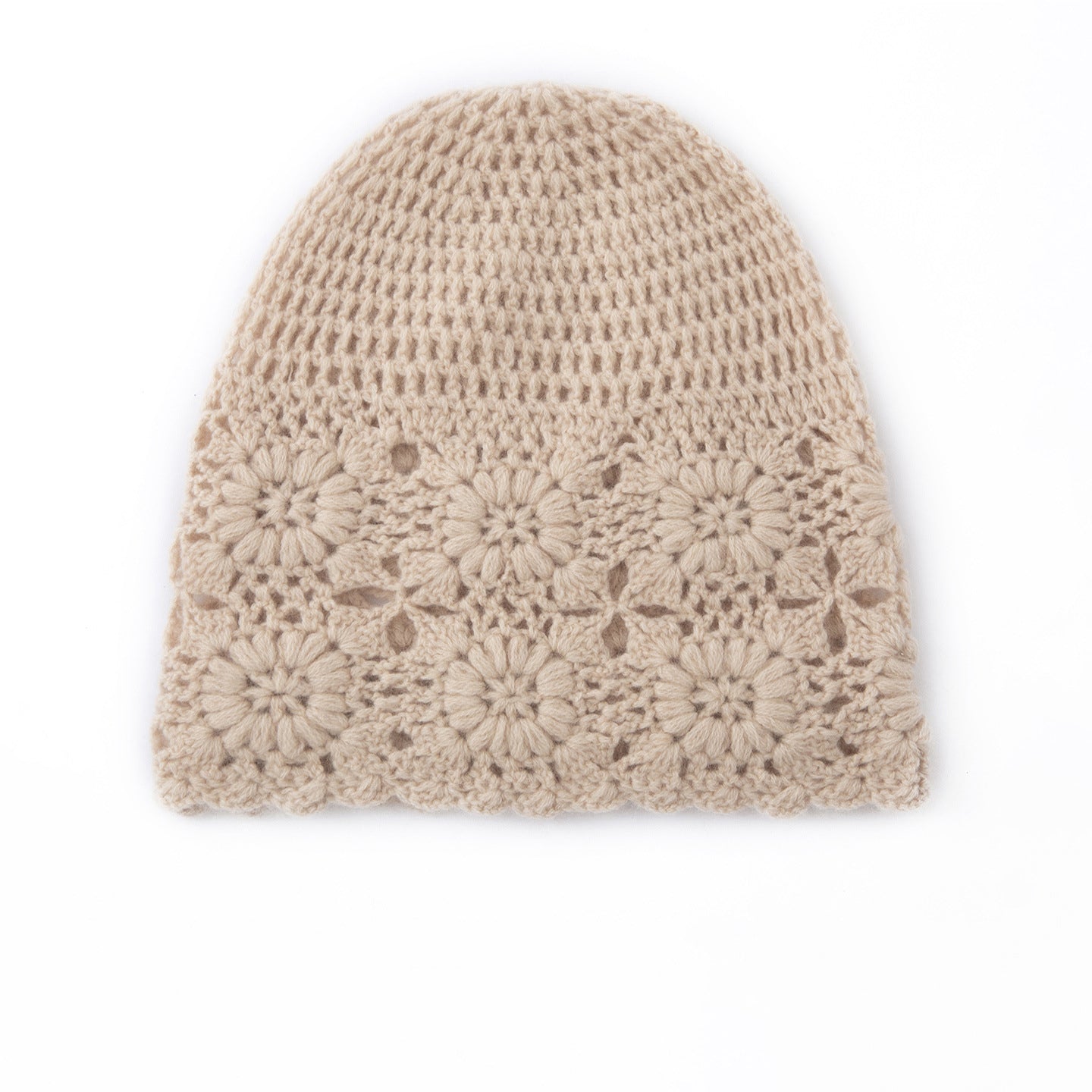 Pure Cashmere Crochet Knit Beanie Cashmere Crochet Floral Hat for Women