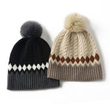 Pure Cashmere Hat with Fur Pom Cashmere Knitted Beanie for Women