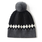 Pure Cashmere Hat with Fur Pom Cashmere Knitted Beanie for Women