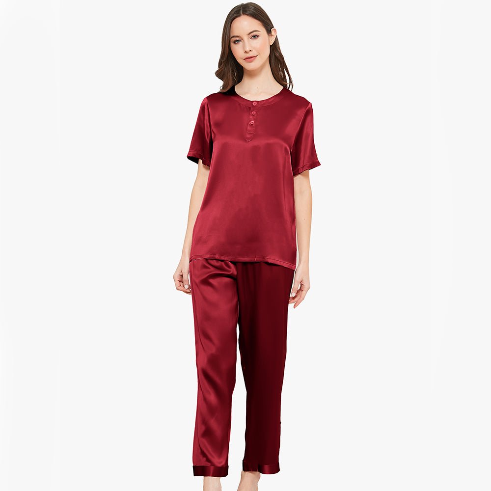 Henley Neckline Silk Pajamas 100% Silk Sleepwear Set