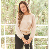 Women Silk Blouses Dressy Long Sleeve Pleated Silk Wrap Tops