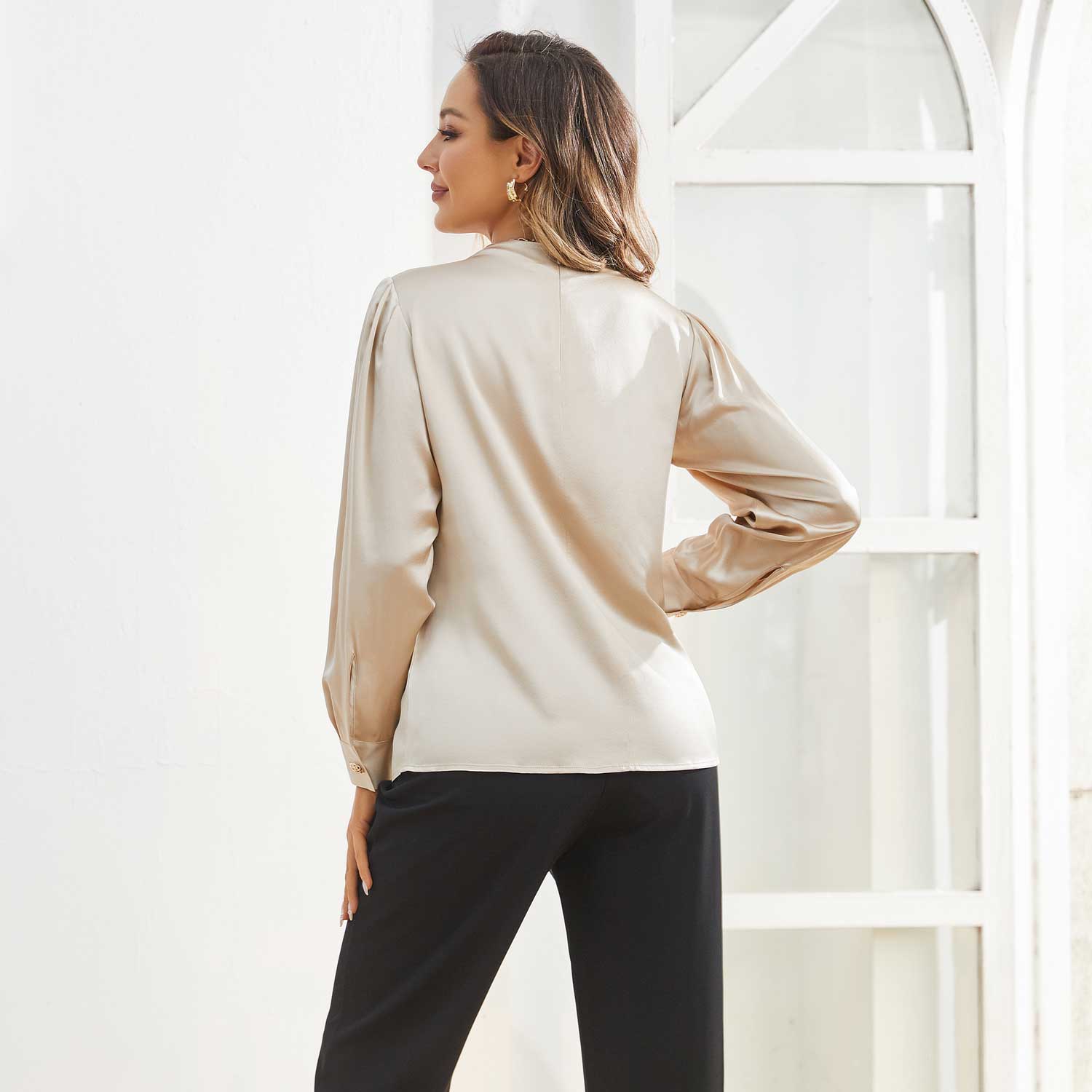 Silk Blouses For Women Dressy Long Mock Neck Silk Shirts